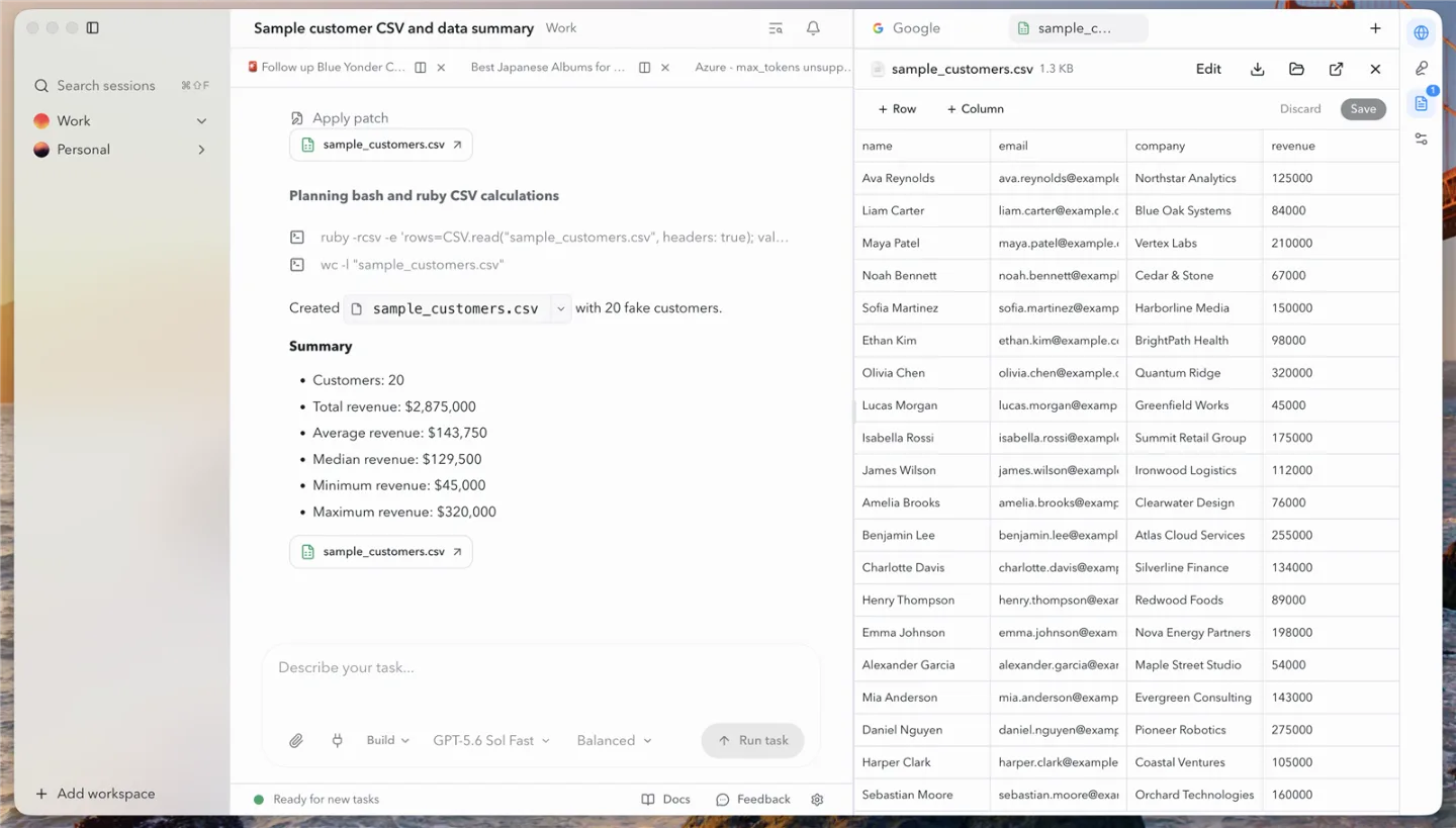 Aplikace OpenWork: agent vytvořil tabulku zákazníků, spočítal souhrn tržeb a výsledný soubor je otevřený vedle chatu